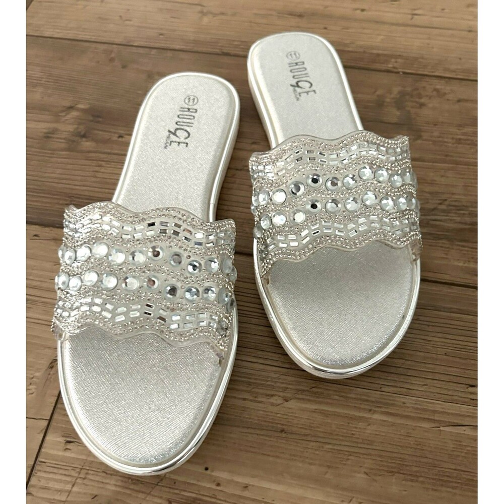 Rouge Silver Rhinestone Band Slide Sandal Women Size 10/11